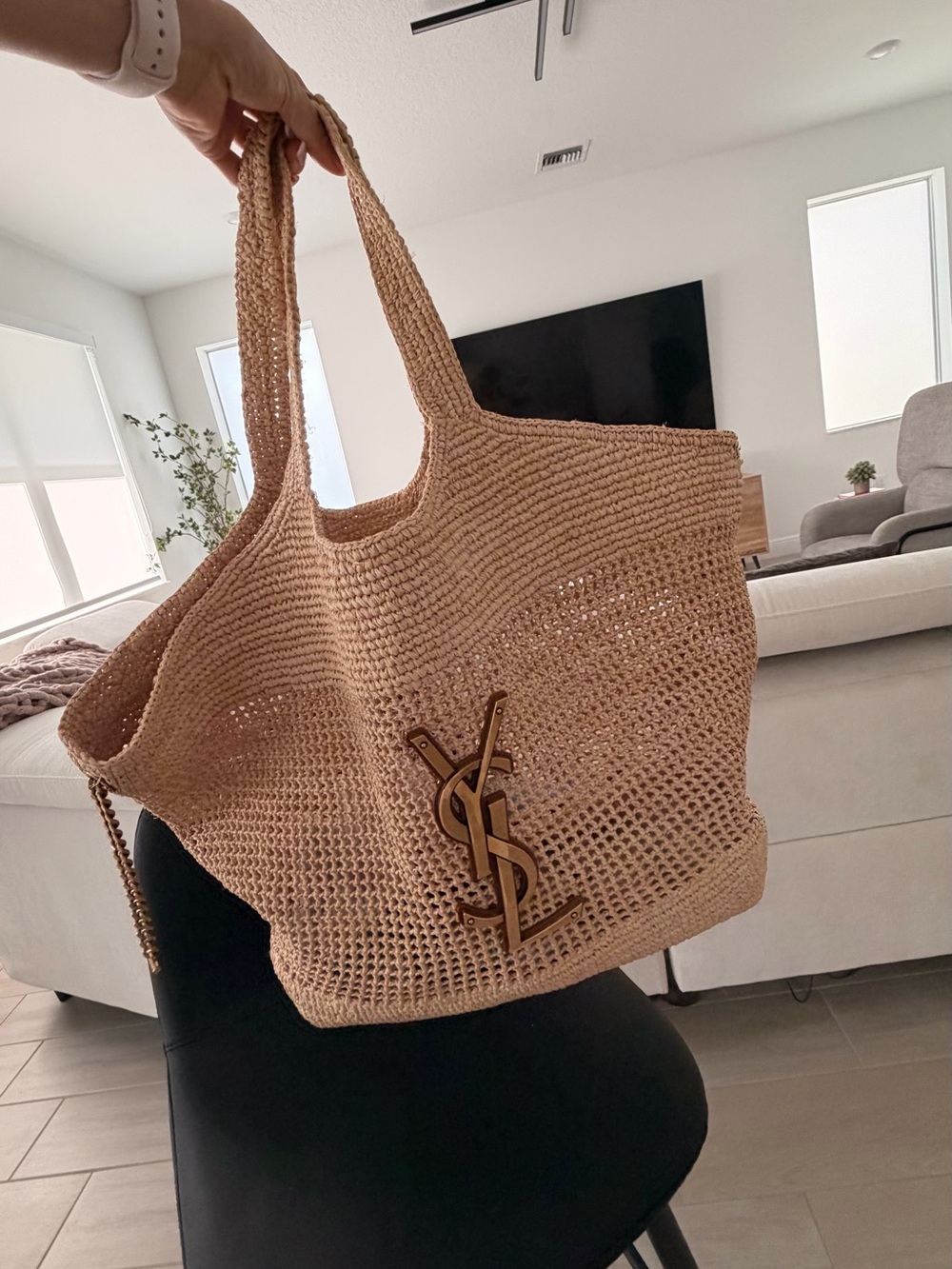 Saint Laurent Beige Crochet Tote with Gold YSL Logo